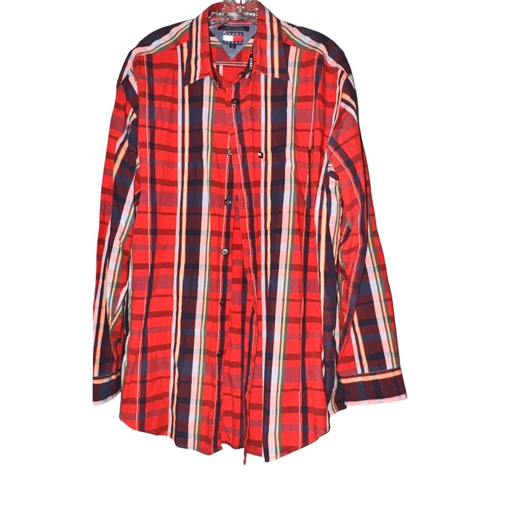 Tommy Hilfiger Jeans Red & Navy Plaid Long Sleeve Button-Up Shirt L color block - Picture 3 of 8